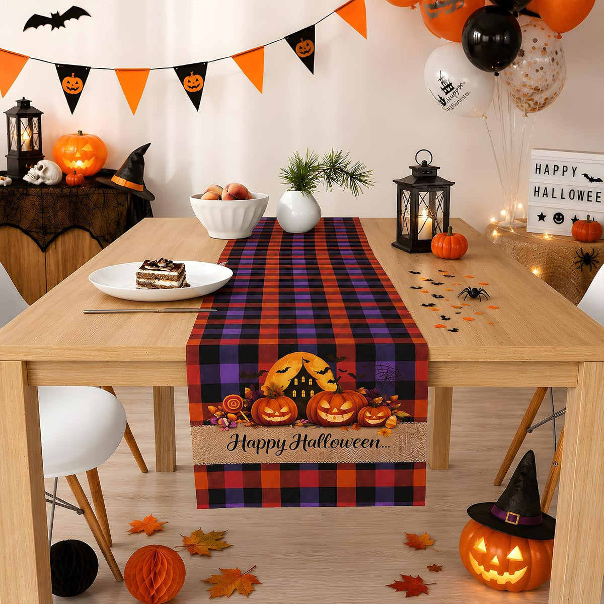 Halloween Decorations - Happy Halloween Checkered Table Runner | Halloween Party Favors Home Decor - Halloween Tablecloth Backdrop for Fall Kitchen Dining Indoor Outdoor Decorations