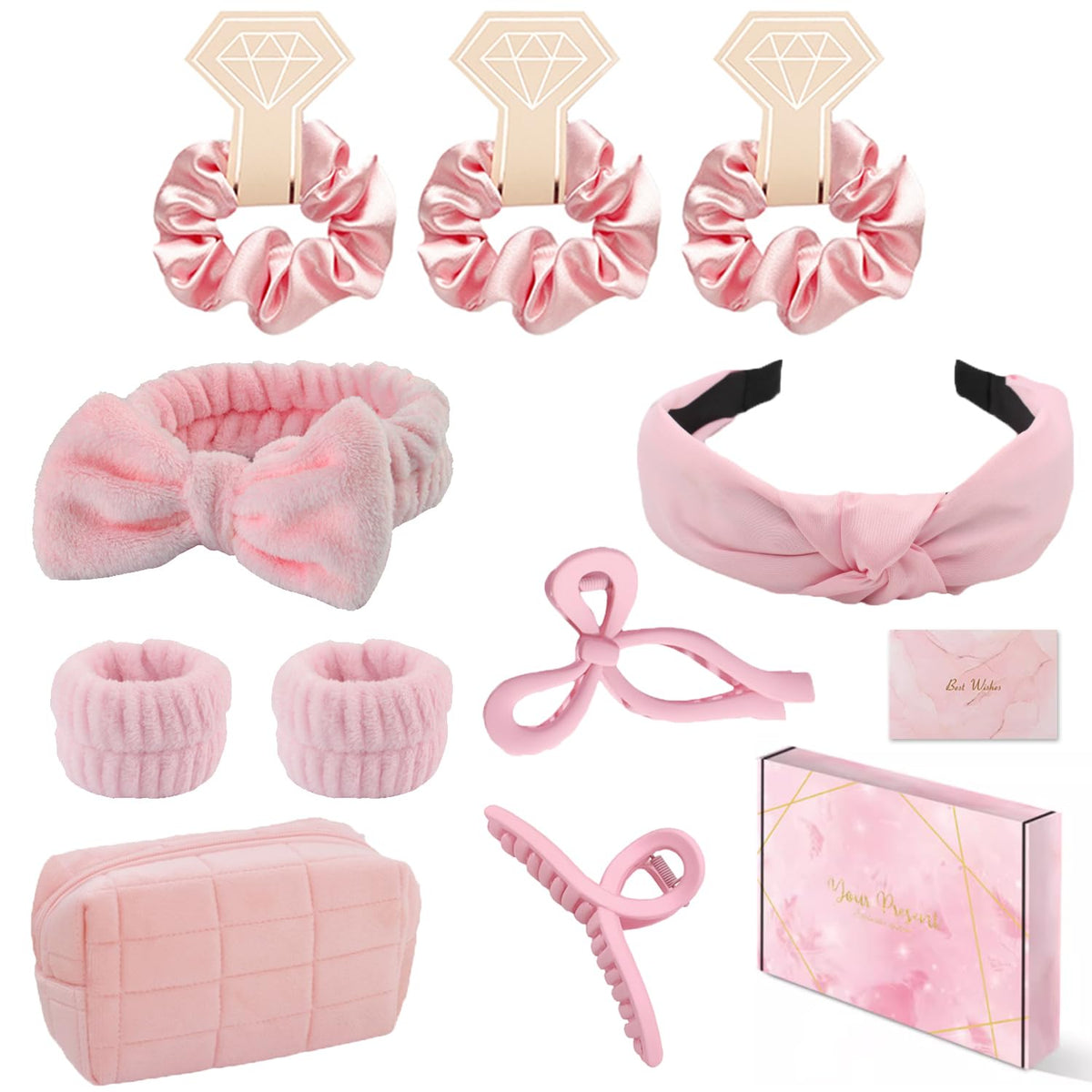 Spa Headband and Wristband Set Top Knotted Headbands Big Hair Claw Clips Butterfly Hair Accessories Satin Silk Scrunchies Quilted Makeup Bag Blank Cards Gift Box Gifts for Women and Teen Girl Gifts