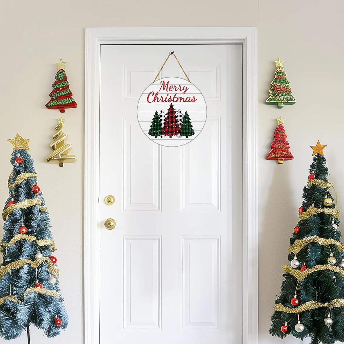Buffalo Plaid Merry Christmas Wooden Door Sign, 12" – view 3