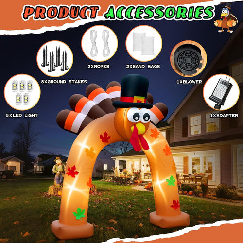 9FT Thanksgiving Inflatable Turkey Arch Thanksgiving Inflatables Outdoor Decorations Blow Ups Turkey Archway with Leds for Yard Decor