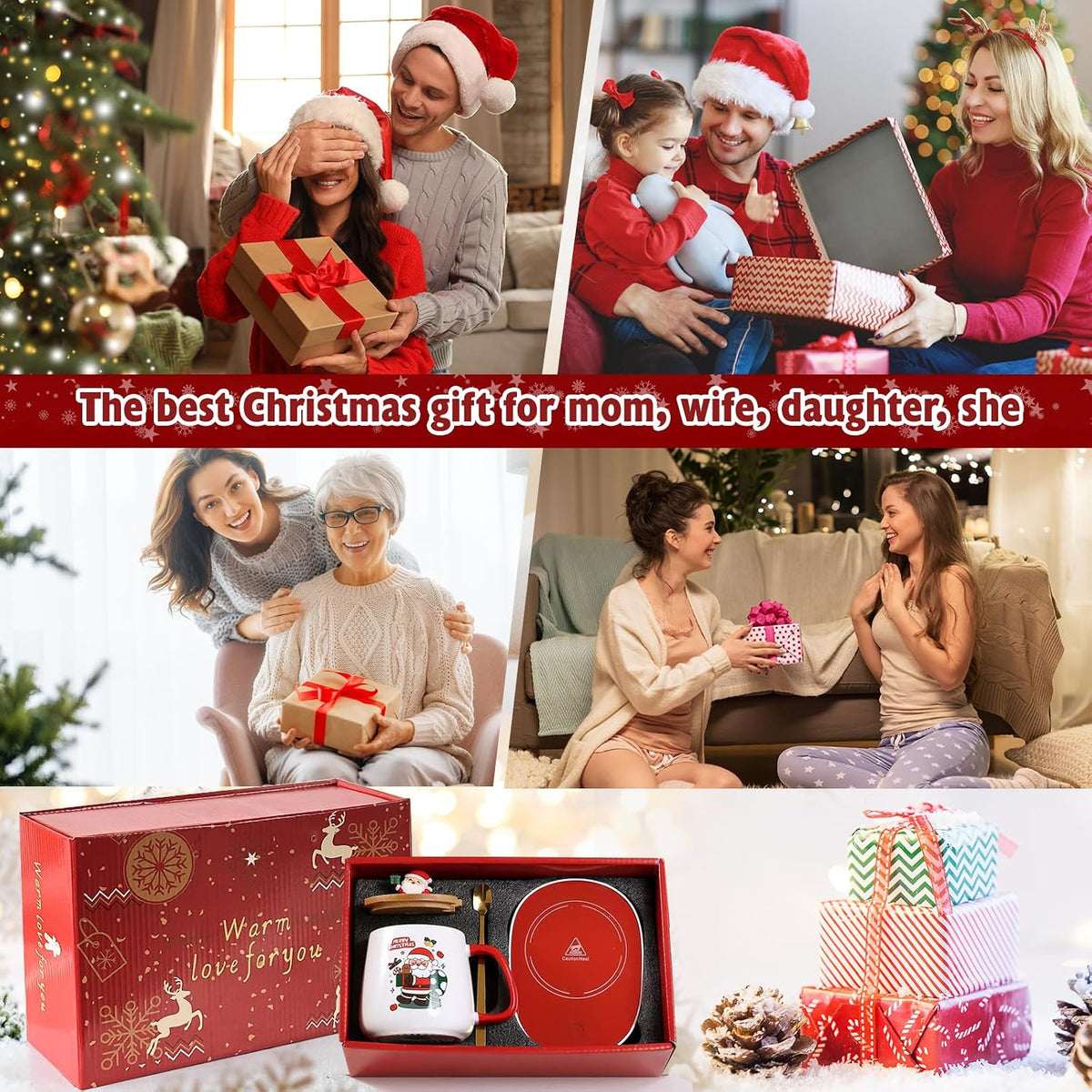 Christmas Coffee Warmer with Mug Set, Coffee Cup Warmer Coffee Mug Warmer with Auto Shut off for Desk Home Office, Coffee Gifts Xmas Gifts for Coffee Lovers Mom Her Wife Girlfriend Daughter