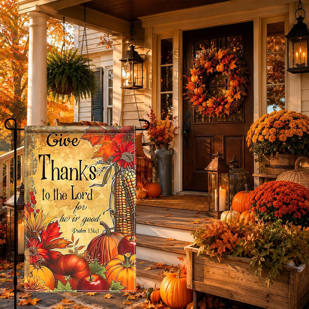 Thanksgiving Garden Flag Give Thanks Pumpkin Harvest 12X18 Inch