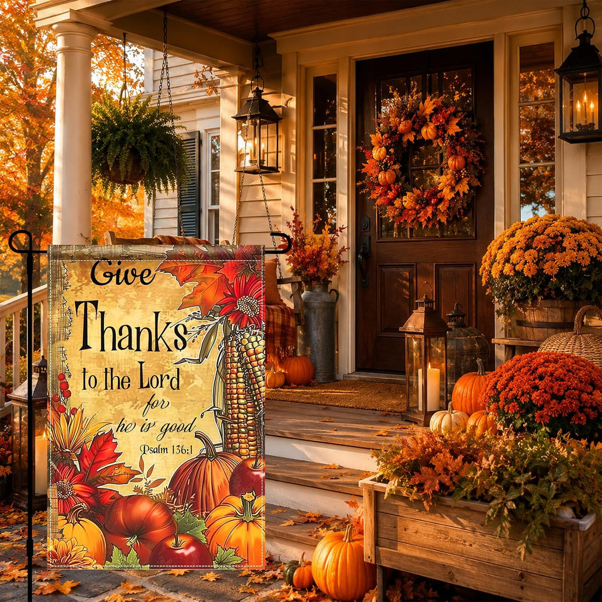 Thanksgiving Garden Flag Give Thanks Pumpkin Harvest 12X18 Inch