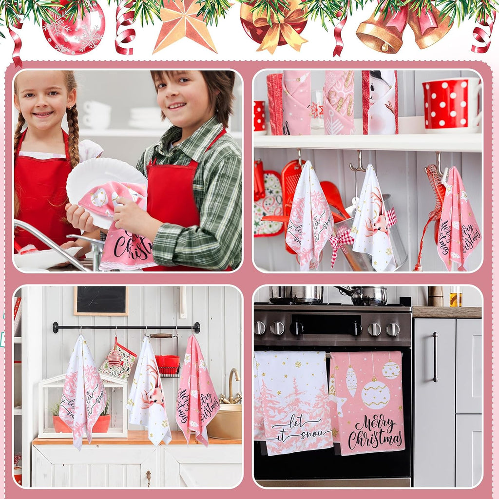 6 Pcs Pink Christmas Kitchen Towels Winter Snowman Santa Dish Towel