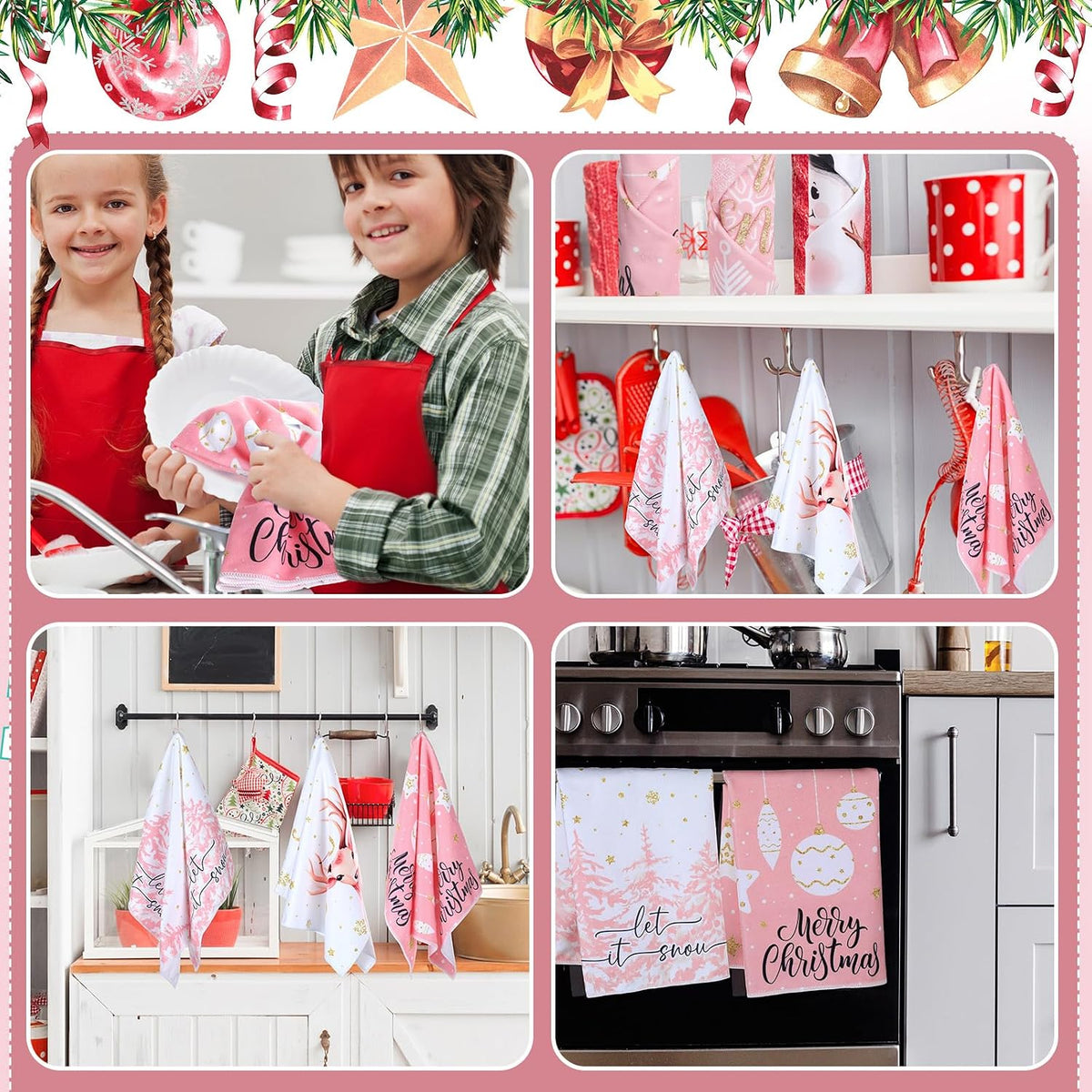 6 Pcs Pink Christmas Kitchen Towels Winter Snowman Santa Dish Towel