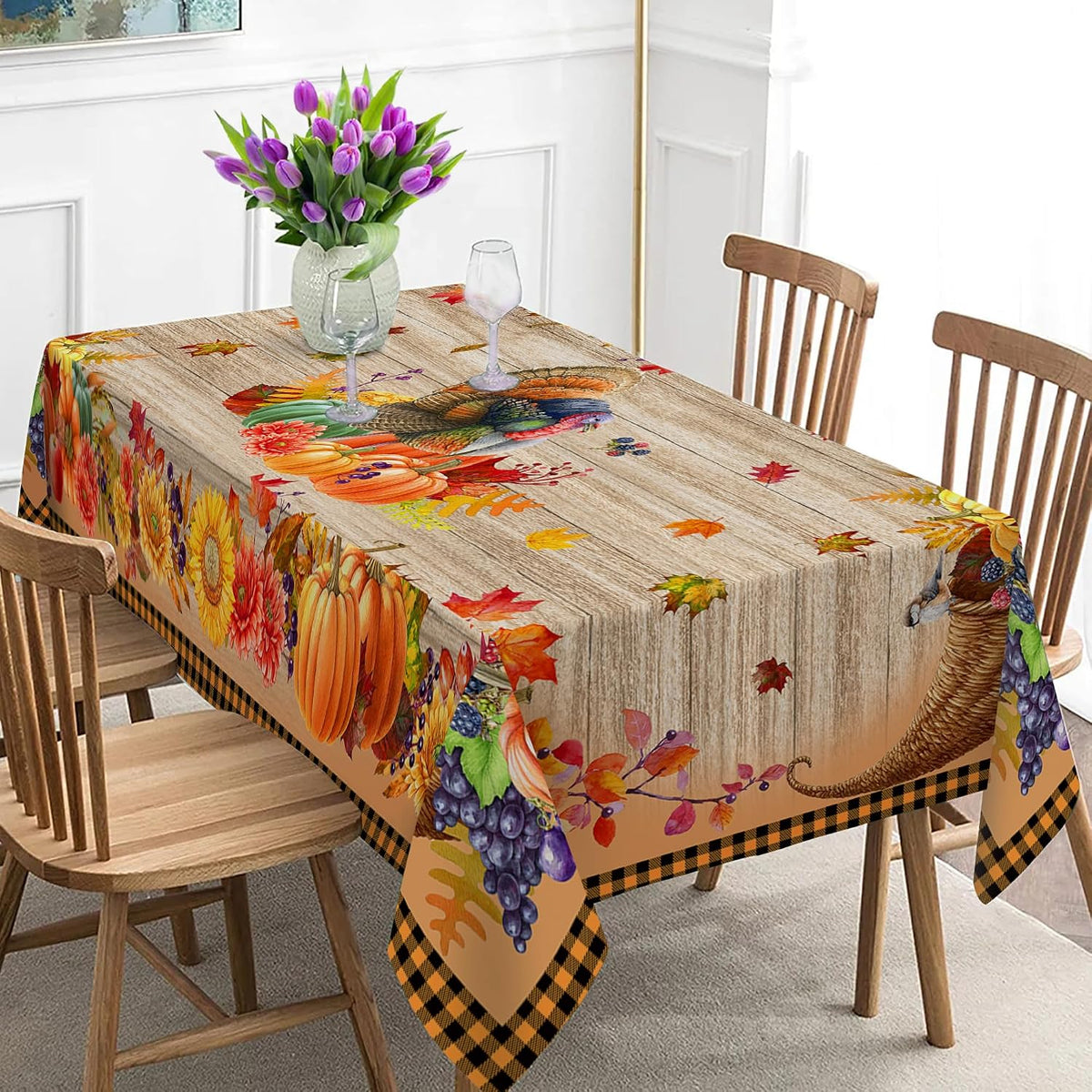 Thanksgiving Tablecloth, Thanksgiving Turkey Table Cloth Rectangle 60 X 120, Pumpkins with Fall Leaves Tablecloths Rustic Holiday Table Cover Thanksgiving Decorations for Dining Room Kitchen Outdoor