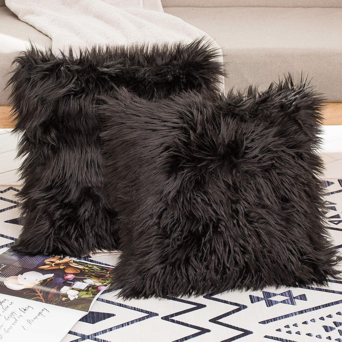 Faux Fur Pillow Covers, 18×18, Black, Set of 2 – view 2