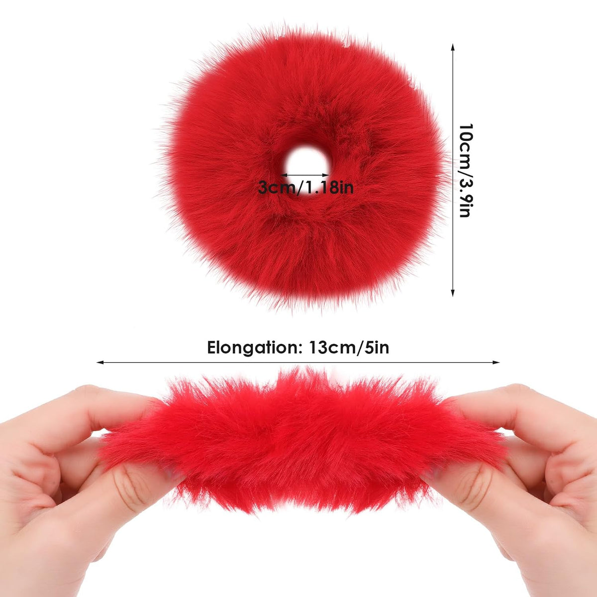 2Pcs Red Pompom Hair Tie, Furry Faux Rabbit Fur Fuzzy Scrunchies, Red Fuzzy Hair Ties Baby Hairs Ties Ponytail Holders Pom for Girl Women Christmas