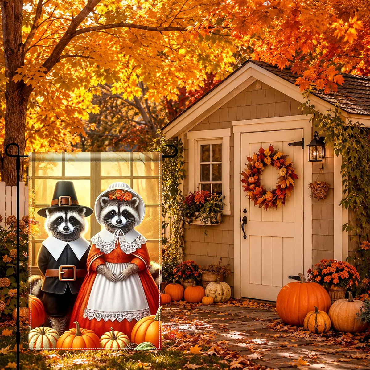 Thanksgiving Fall Garden Flag Raccoon Pumpkin 12X18 Inch Decor