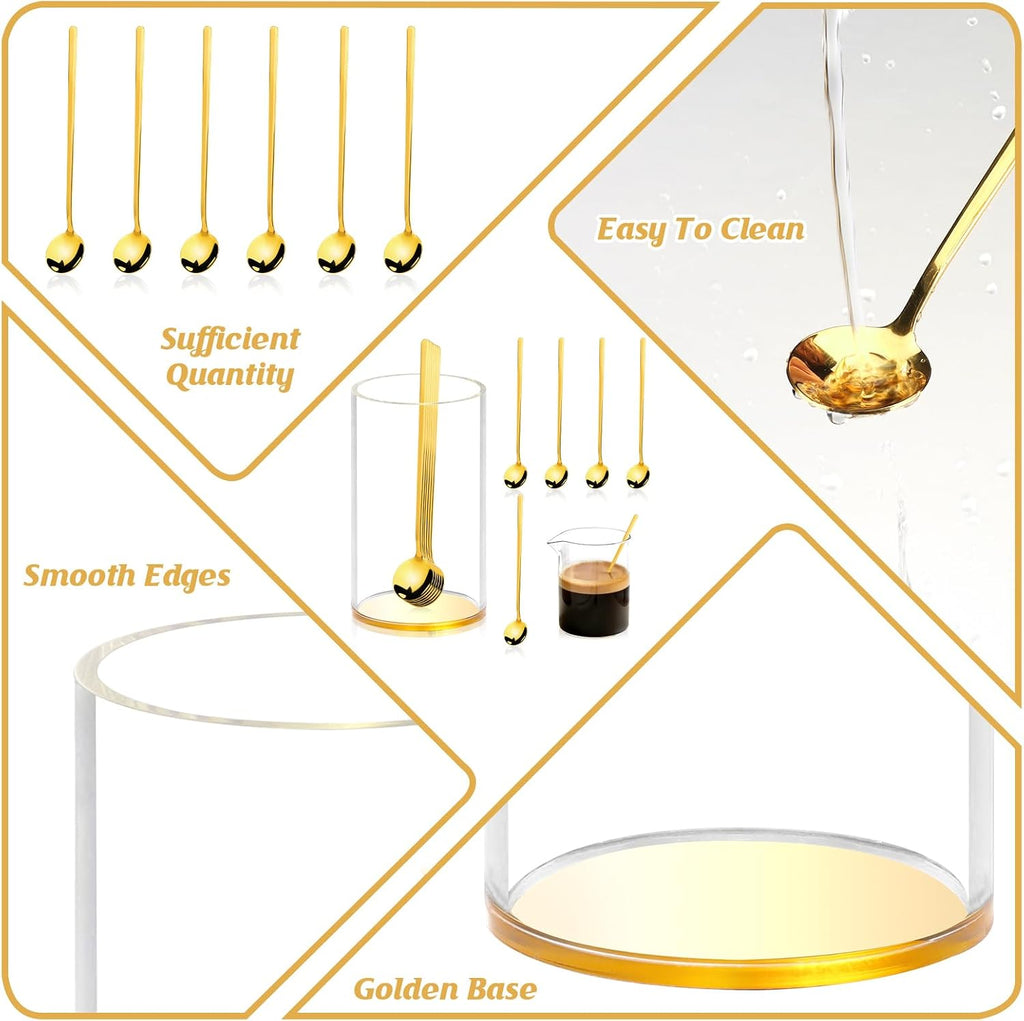 6 Pcs 6.7 Inches Coffee Spoons with Gold Base Holder Tea Spoons Long Handle Espresso Spoons Gold Coffee Stir Spoons Set Ice Tea Spoons Bulk Dessert Spoons Stainless Steel for Coffee Bar Tea Party