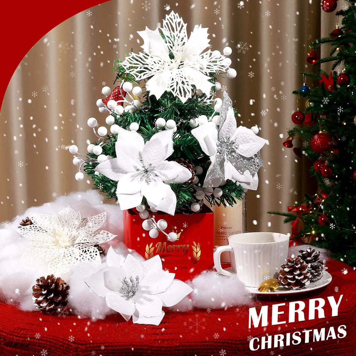 Glitter Poinsettia & Pine Cone Tree Picks, White, 56-Piece – view 4