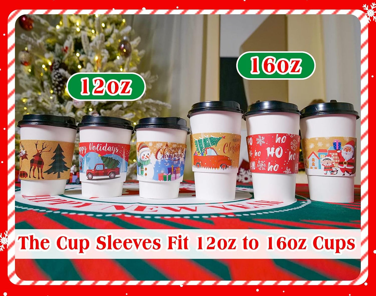 Christmas Coffee Cup Sleeves Disposable Hot Chocolate Cocoa Paper Cup Sleeve 60 Pack Double-Layer Corrugated Insulated Paper Jacket for 12Oz to 20Oz, 10 Designs
