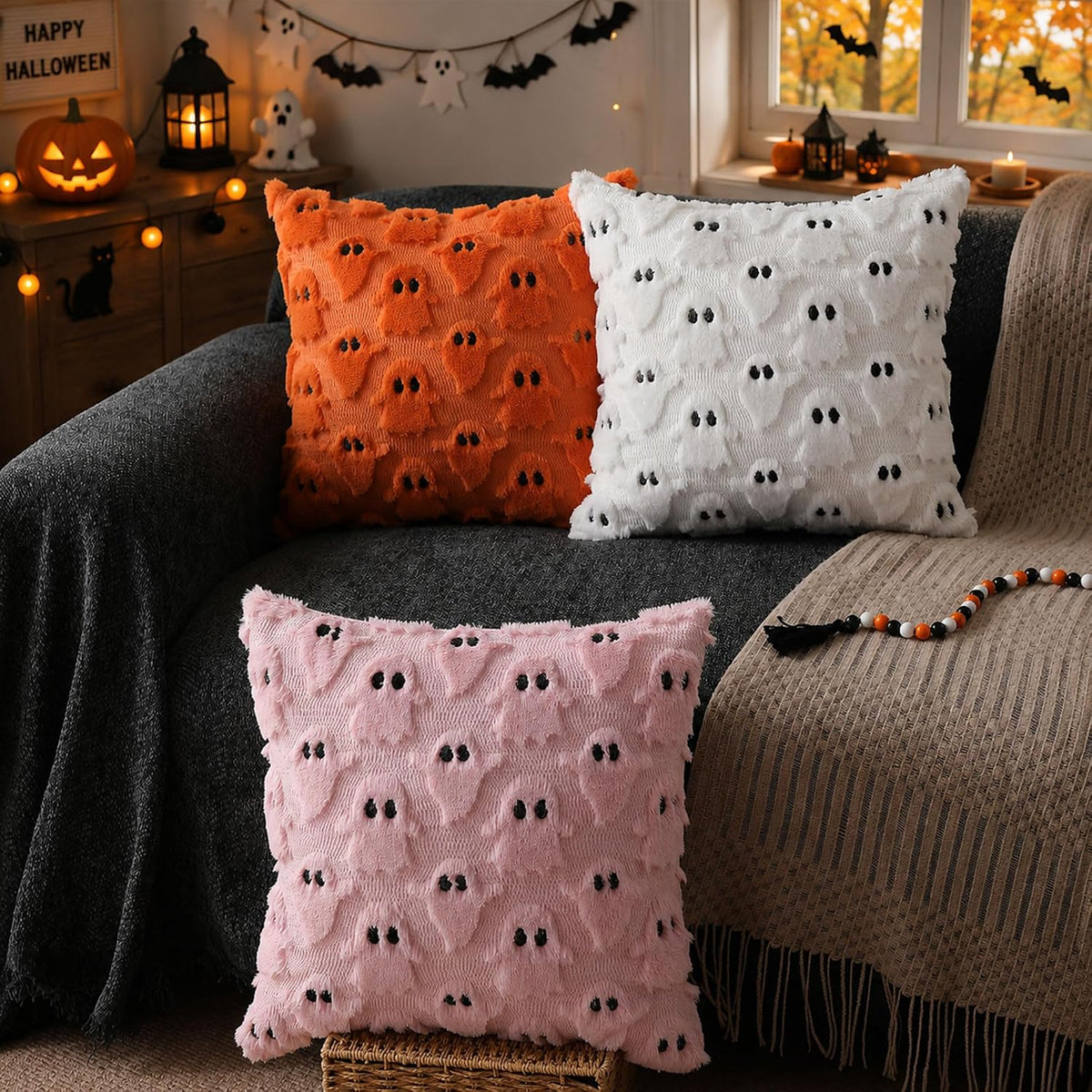 Halloween Pillow Covers 18X18 Inch 2Pcs Pink Ghost Halloween Decor