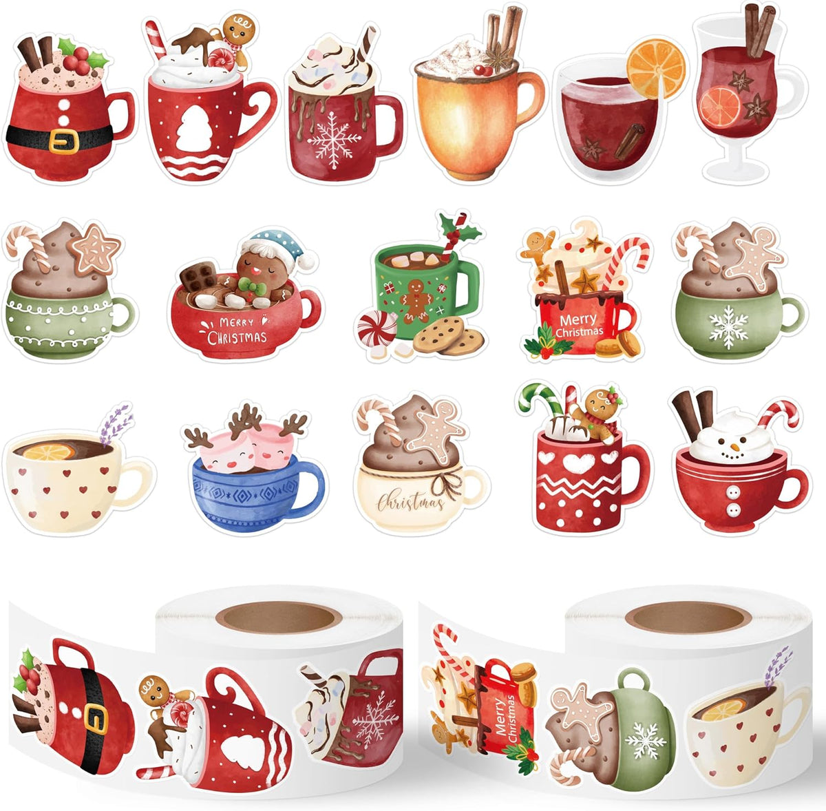 Christmas Hot Cocoa Stickers, 1000 Pcs Watercolor Hot Cocoa Milk Mug