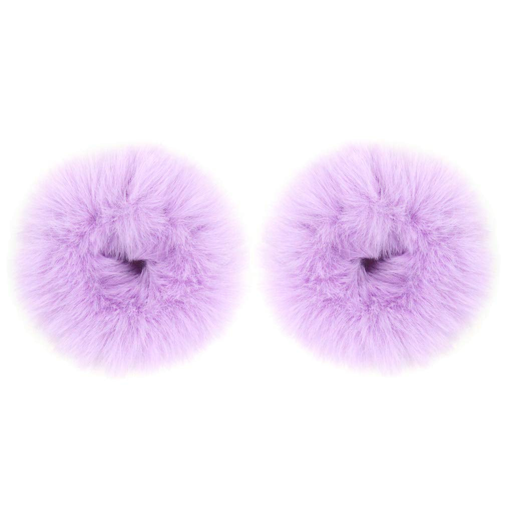 2Pcs Pack Furry Faux Rabbit Fur Hair Scrunchies Artificial Fur Hair Bobbles Elastic Hair Band Rope Wristband Ponytail Accessories Lilac
