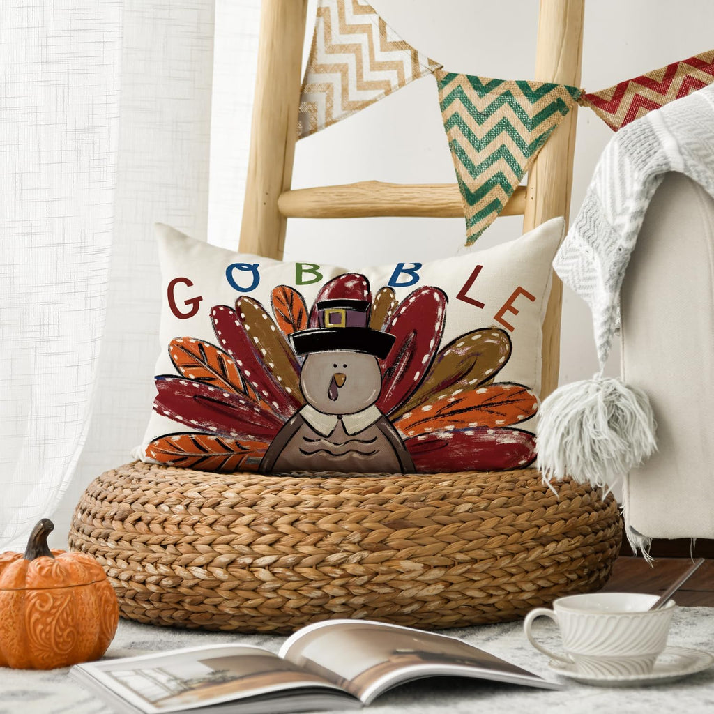 Gobble Turkey Thanksgiving Throw Pillow Cover, 12 X 20 Inch Thanksgiving Cushion Case for Sofa Couch