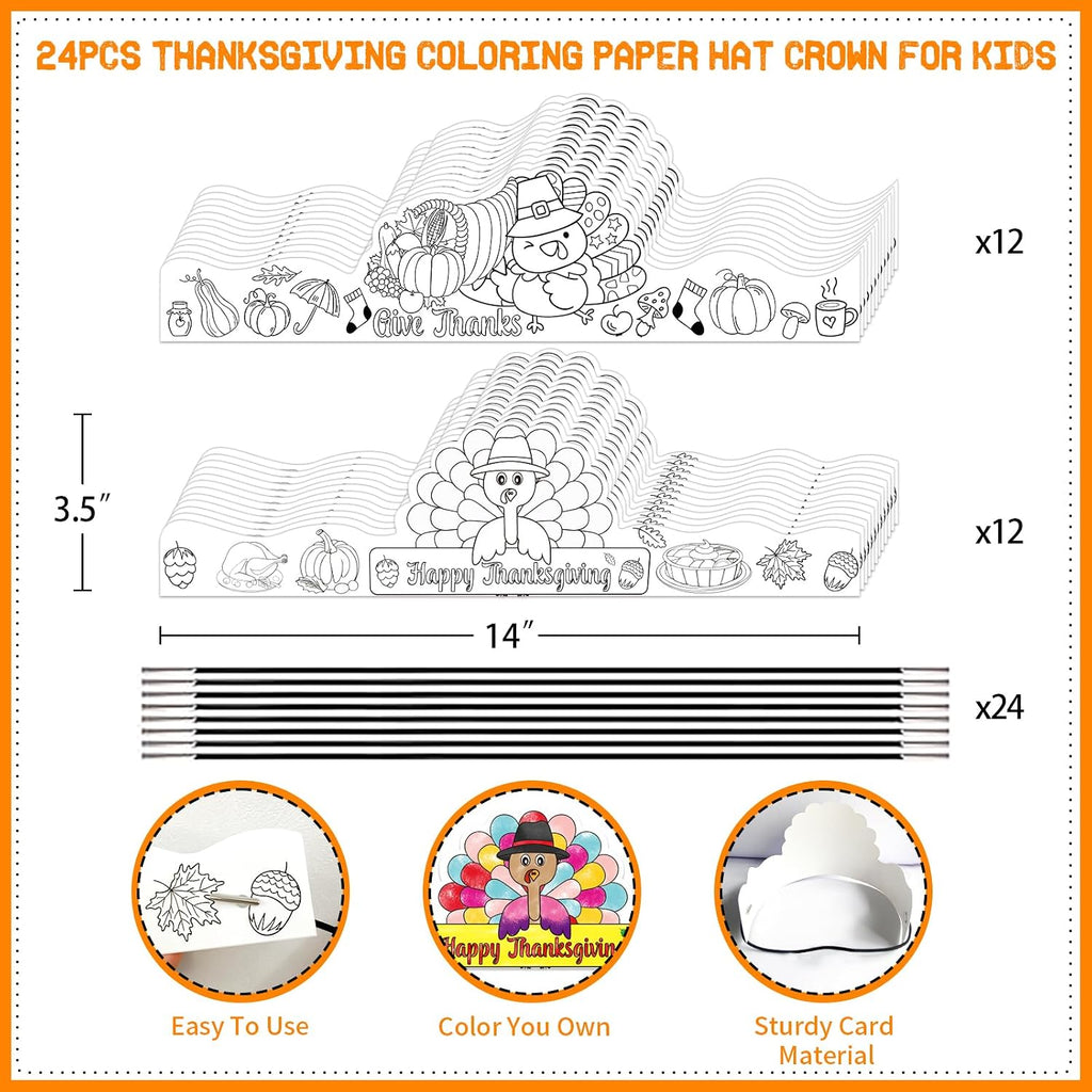 Thanksgiving Coloring Turkey Crowns Hats 24PCS Fall Thanksgiving Turkey Headbands Crafts for Kids