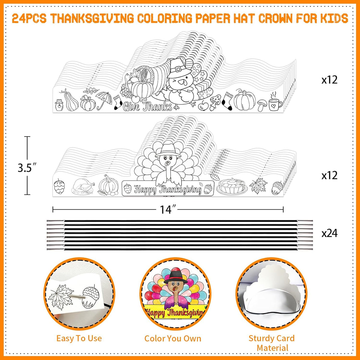 Thanksgiving Coloring Turkey Crowns Hats 24PCS Fall Thanksgiving Turkey Headbands Crafts for Kids