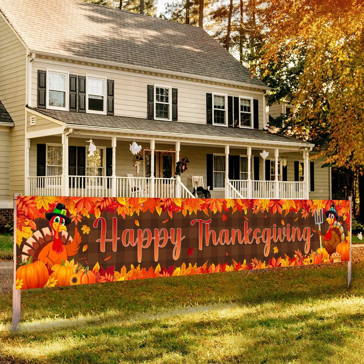 Large Happy Thanksgiving Banner, Turkey Maple Leaf Pumpkin Thanksgiving Fence Yard Lawn Banner Outdoor Decorations Party Supplies