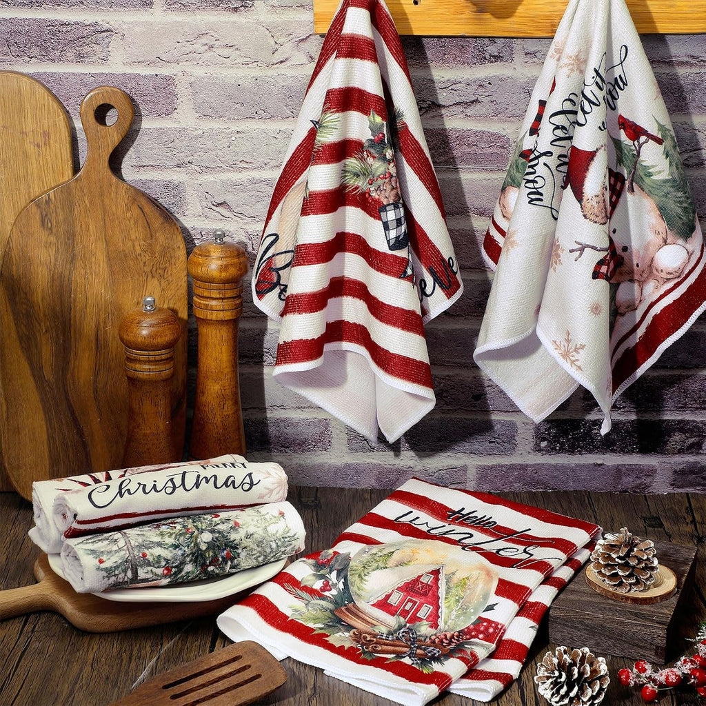 6 Pcs Christmas Kitchen Towels Red White Snowman Winter Dish Towel