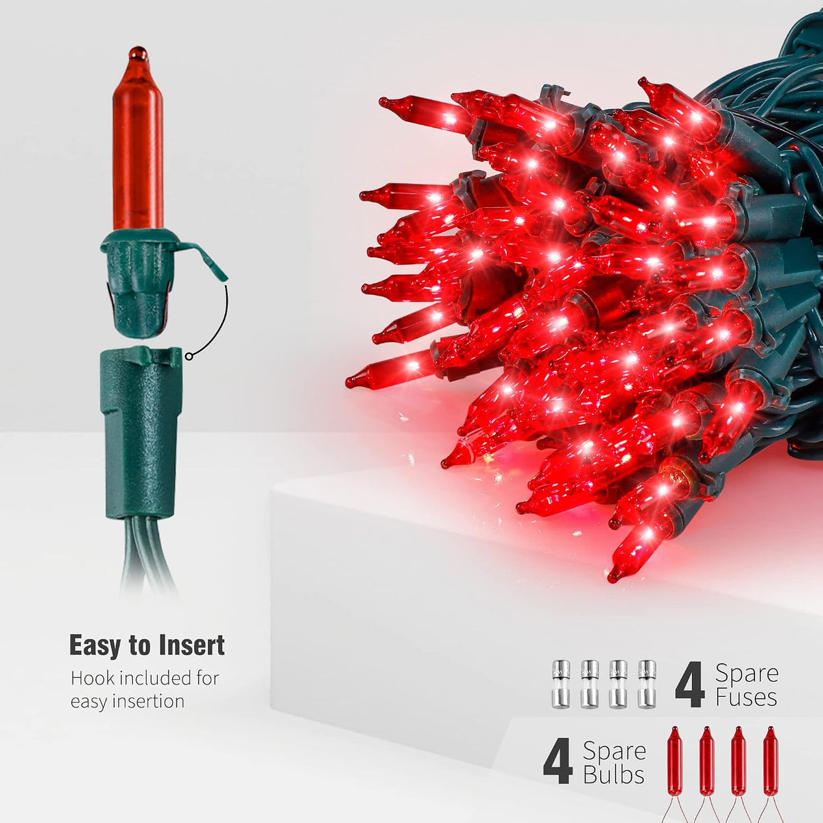 Red Christmas String Lights,2 Pack Total 100 Count 26 Ft,Green Wire