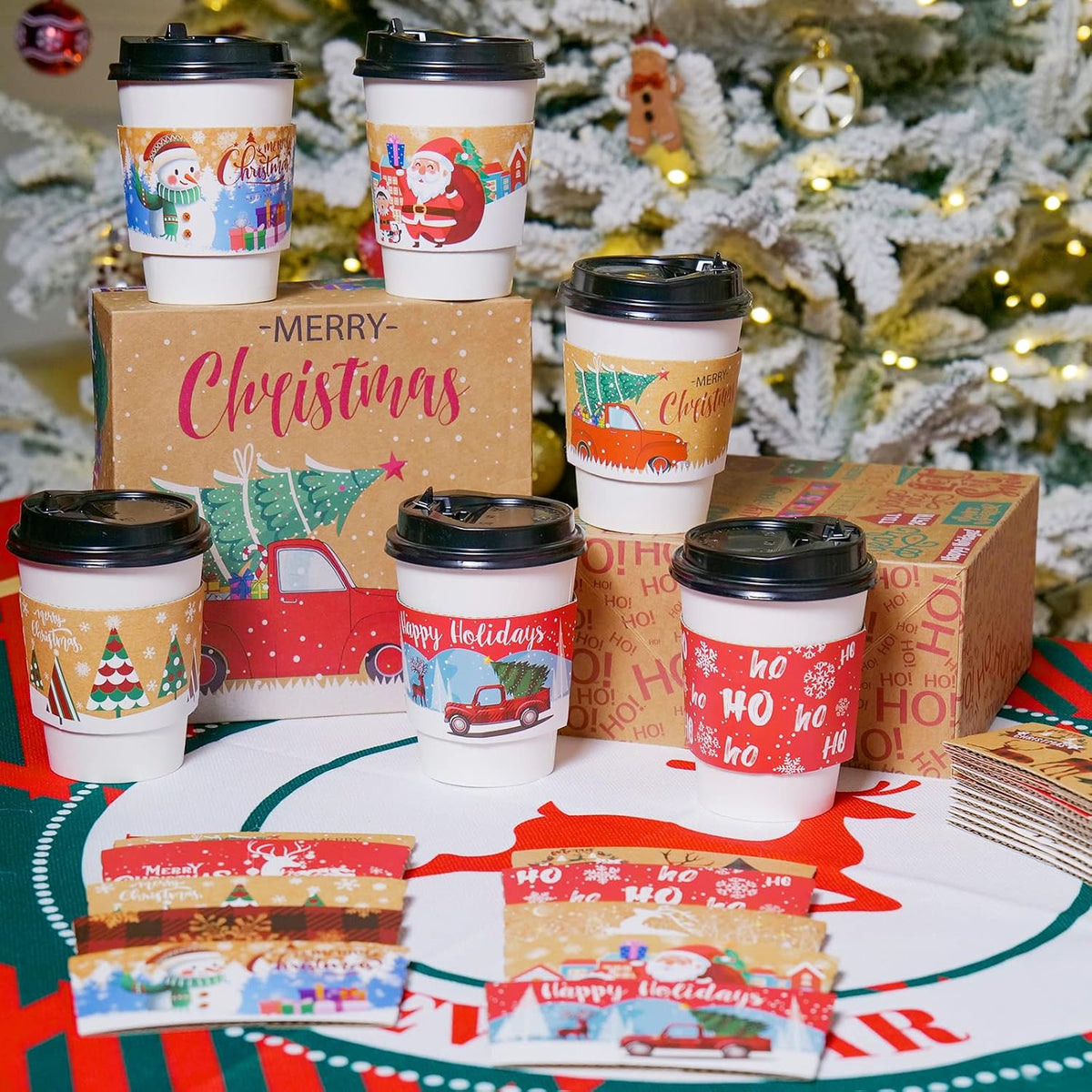 Christmas Coffee Cup Sleeves Disposable Hot Chocolate Cocoa Paper Cup Sleeve 60 Pack Double-Layer Corrugated Insulated Paper Jacket for 12Oz to 20Oz, 10 Designs