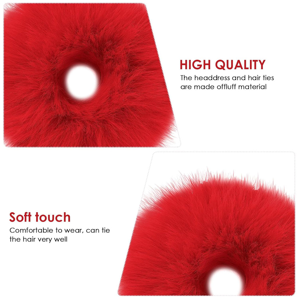 2Pcs Red Pompom Hair Tie, Furry Faux Rabbit Fur Fuzzy Scrunchies, Red Fuzzy Hair Ties Baby Hairs Ties Ponytail Holders Pom for Girl Women Christmas