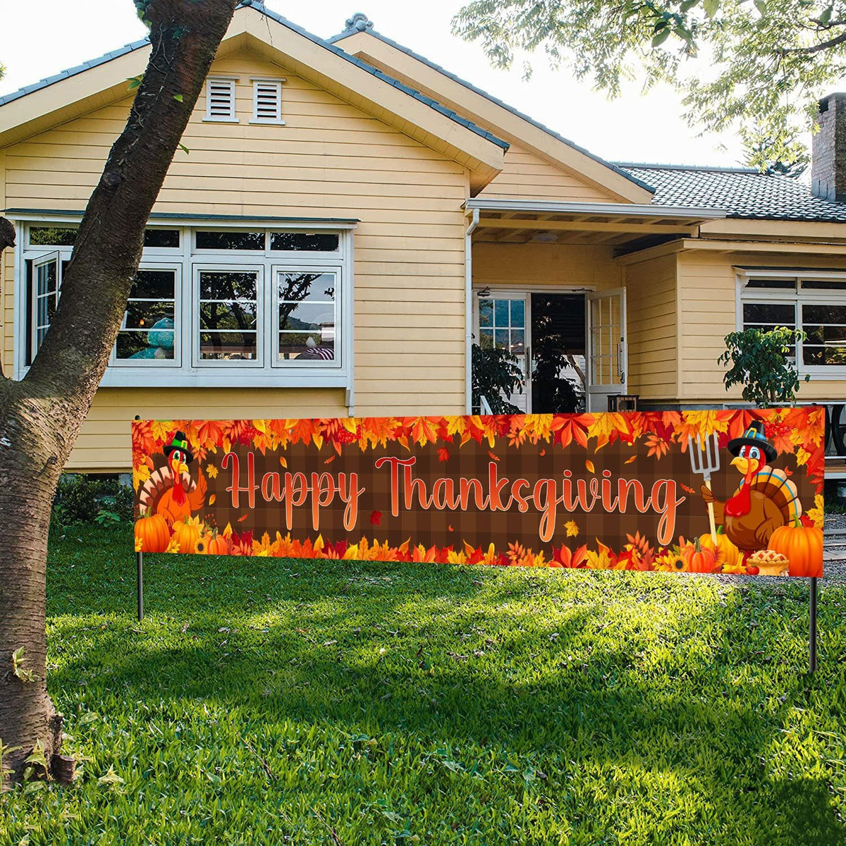 Large Happy Thanksgiving Banner, Turkey Maple Leaf Pumpkin Thanksgiving Fence Yard Lawn Banner Outdoor Decorations Party Supplies