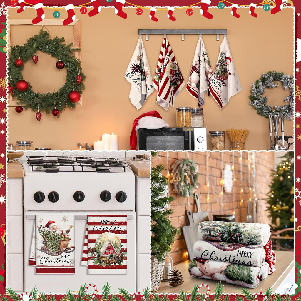 6 Pcs Christmas Kitchen Towels Red White Snowman Winter Dish Towel