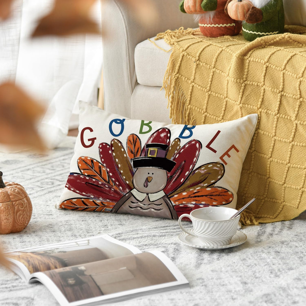 Gobble Turkey Thanksgiving Throw Pillow Cover, 12 X 20 Inch Thanksgiving Cushion Case for Sofa Couch