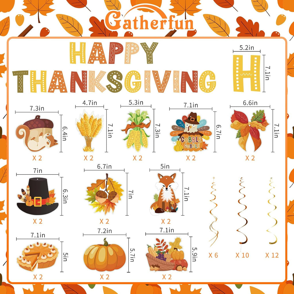 Thanksgiving Decor Set: Thanksgiving Banner & Hanging Swirls - for Home, Office, Classroom Indoor Fall Party Decorations