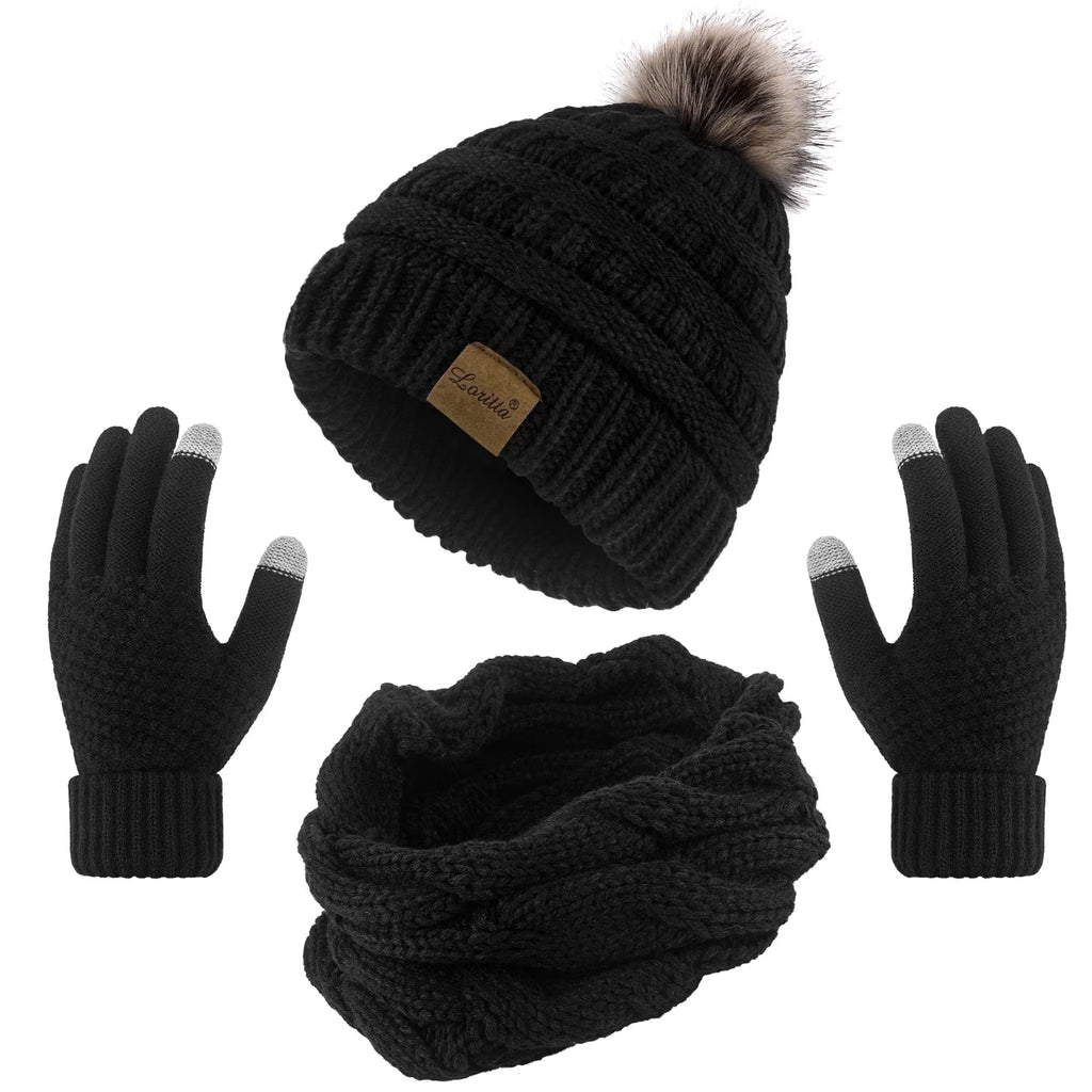 3 Pcs Women Winter Hat and Gloves Sets, Beanies Knit Classic Neck Warmer and Touchscreen Gloves Black