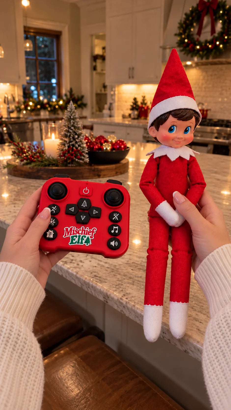 Mischief Elf beside its red remote on a kitchen counter