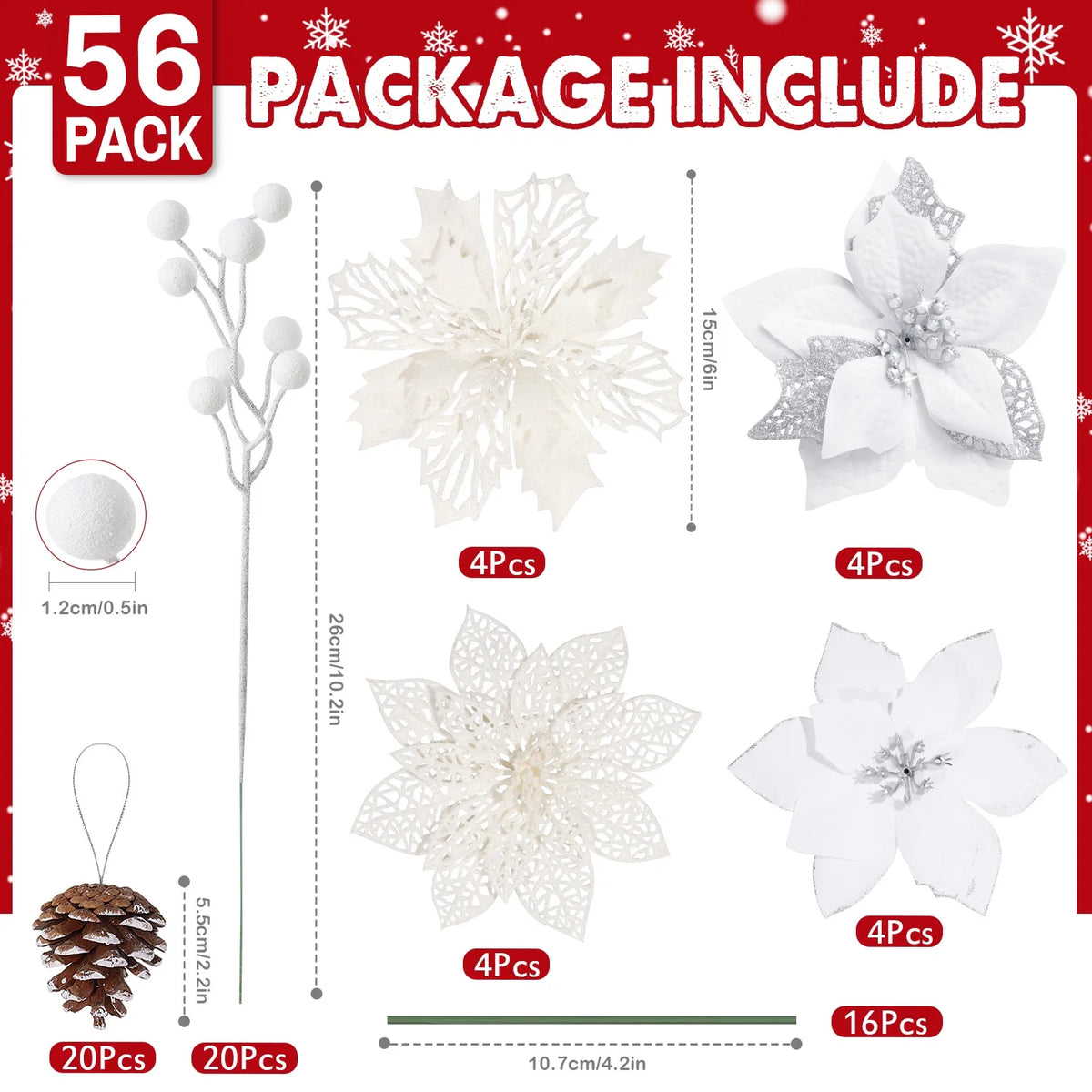 Glitter Poinsettia & Pine Cone Tree Picks, White, 56-Piece – view 7