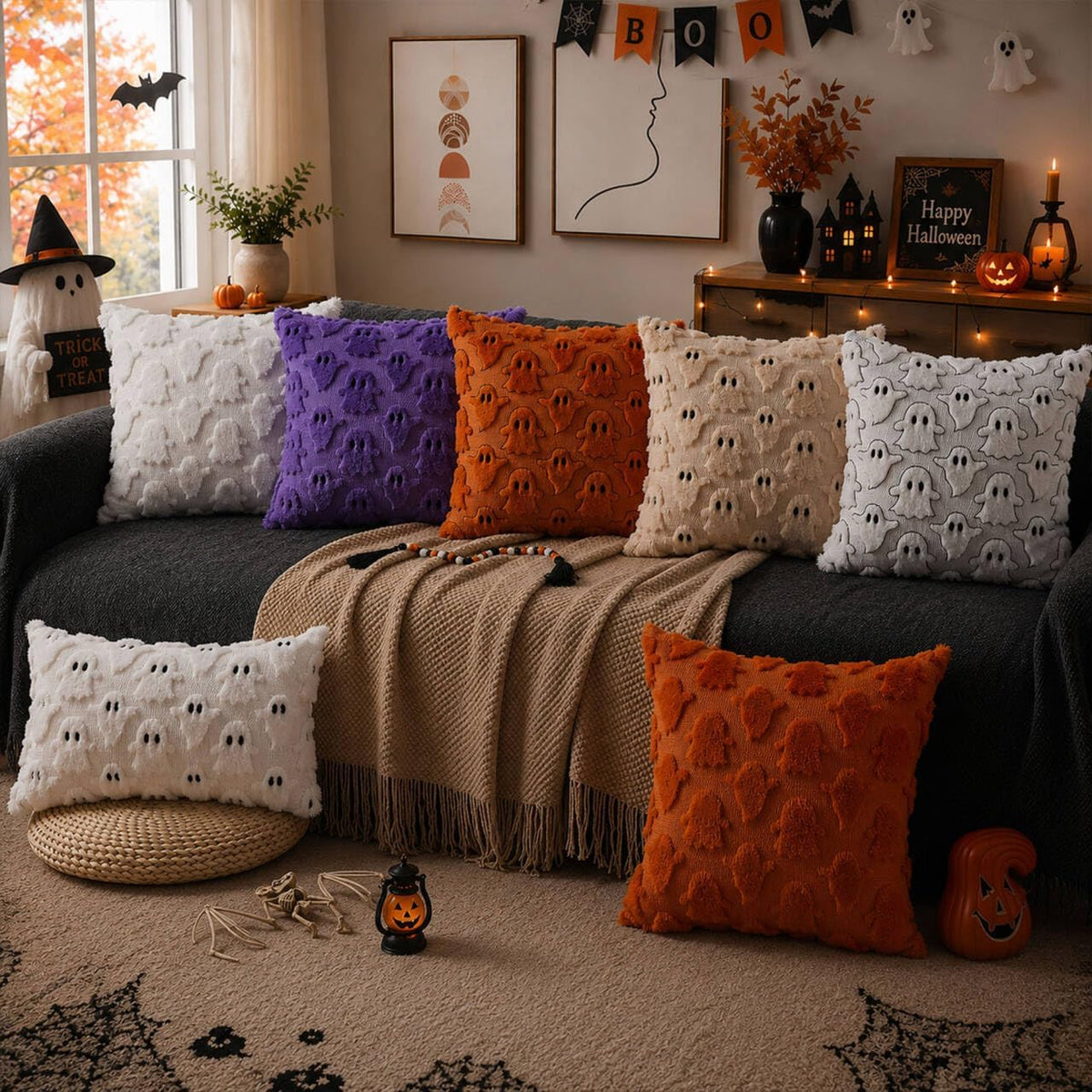 Halloween Pillow Covers 18X18 Inch 2Pcs Beige Ghost Halloween Decor