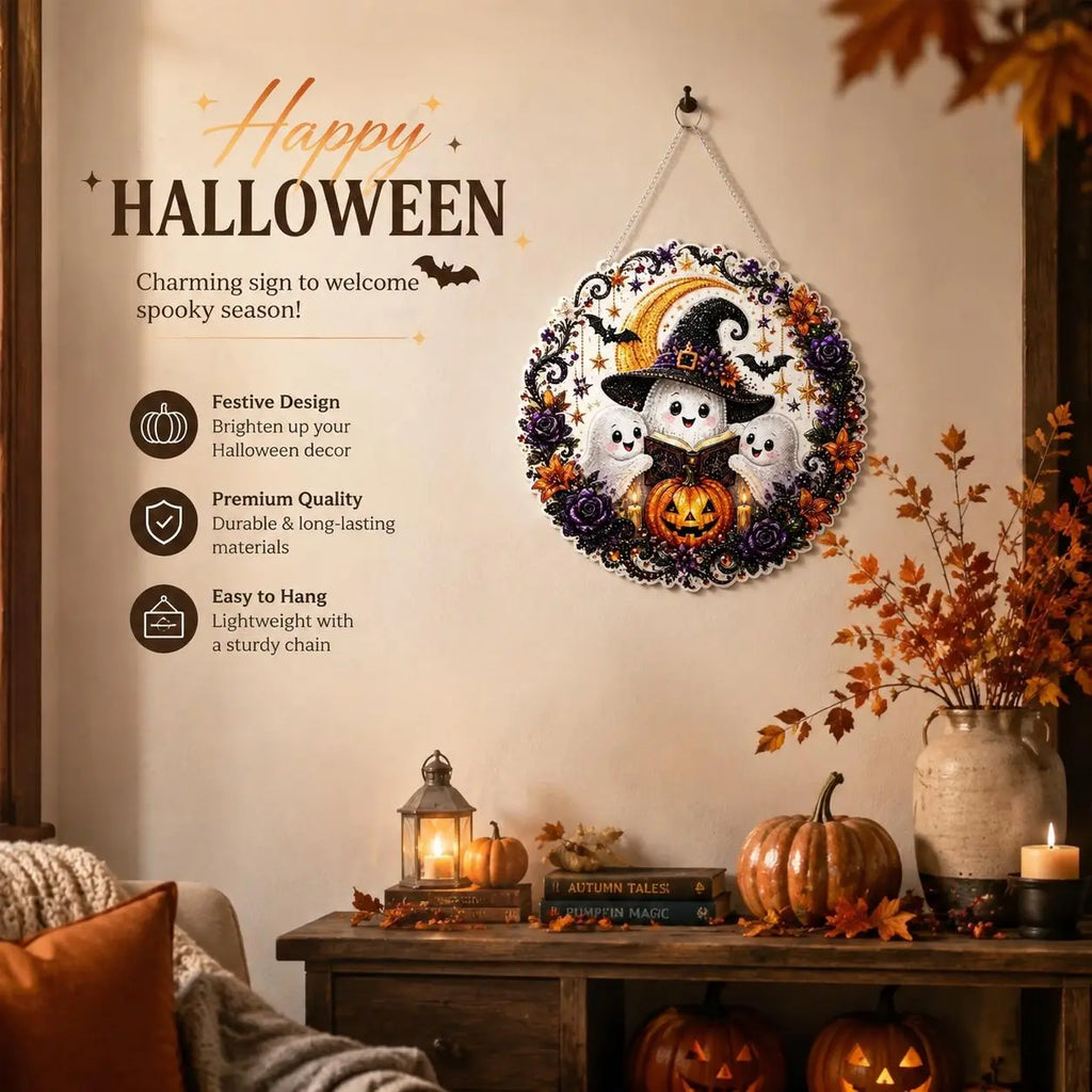 9.8In Shiny Acrylic Safe Diamond Art Hanging Suncatcher Kit - Witch, Black Cat, Ghost Reading, Pumpkin Designs - DIY Rhinestone Ornament, Wall, Outdoor Indoor Decorative, Cute Halloween Stuff, Ghost Decor Gift for Kids