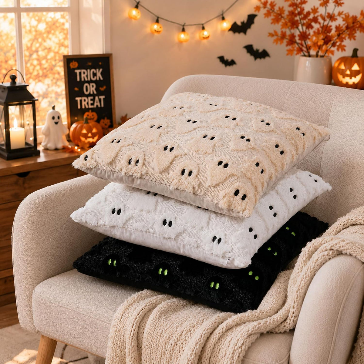 Halloween Pillow Covers 18X18 Inch 2Pcs Beige Ghost Halloween Decor
