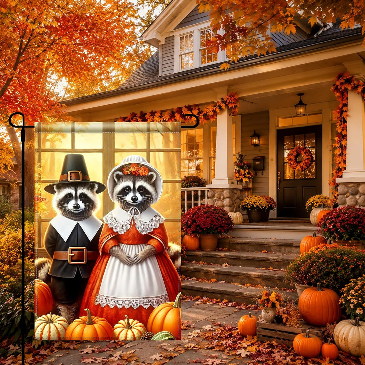 Thanksgiving Fall Garden Flag Raccoon Pumpkin 12X18 Inch Decor