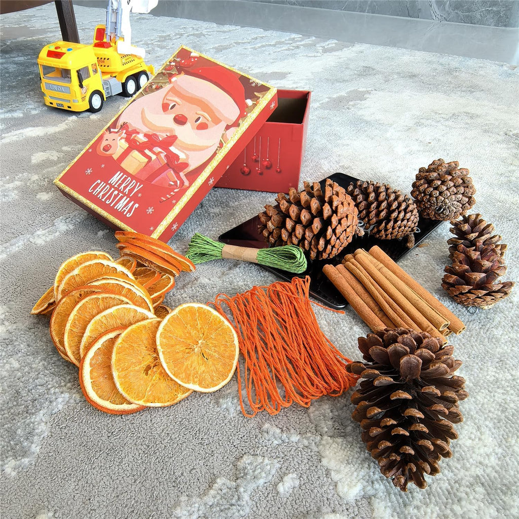 Natural Christmas DIY Decor Crafts Kit with Dried Orange Slices *25-30 Pcs, Cinnamon Sticks *12, Pine Cones *6-8, Gift Box Set, DIY Holiday Decorations for Christmas Wreaths, Tree Ornaments, Home