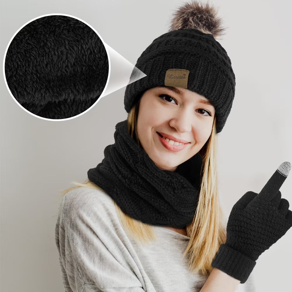 3 Pcs Women Winter Hat and Gloves Sets, Beanies Knit Classic Neck Warmer and Touchscreen Gloves Black