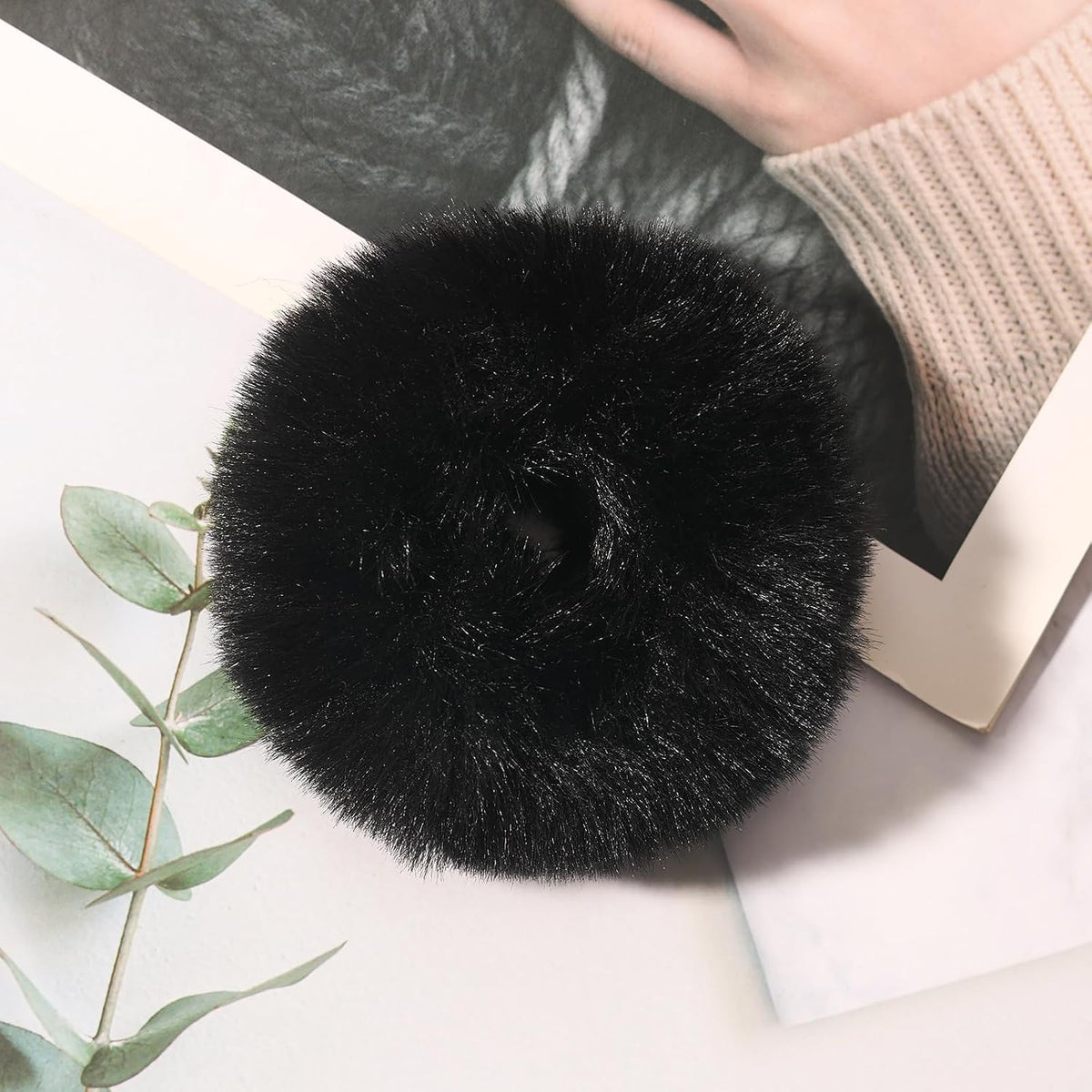 2Pcs Pack Furry Faux Rabbit Fur Hair Scrunchies Artificial Fur Hair Bobbles Elastic Hair Band Rope Wristband Ponytail Accessories Black