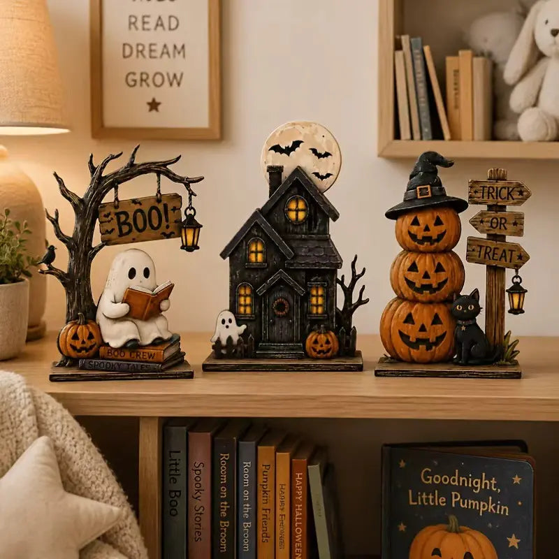 Vintage Halloween Tabletop Decor Set of 3, Resin Spooky Ornaments with Ghost, Haunted House, Stacked Pumpkin & Black Cat Figurines, Trick or Treat Sign, Fall Harvest Decor, Spooky Season Desktop Centerpiece for Home Mantel Shelf Decoration