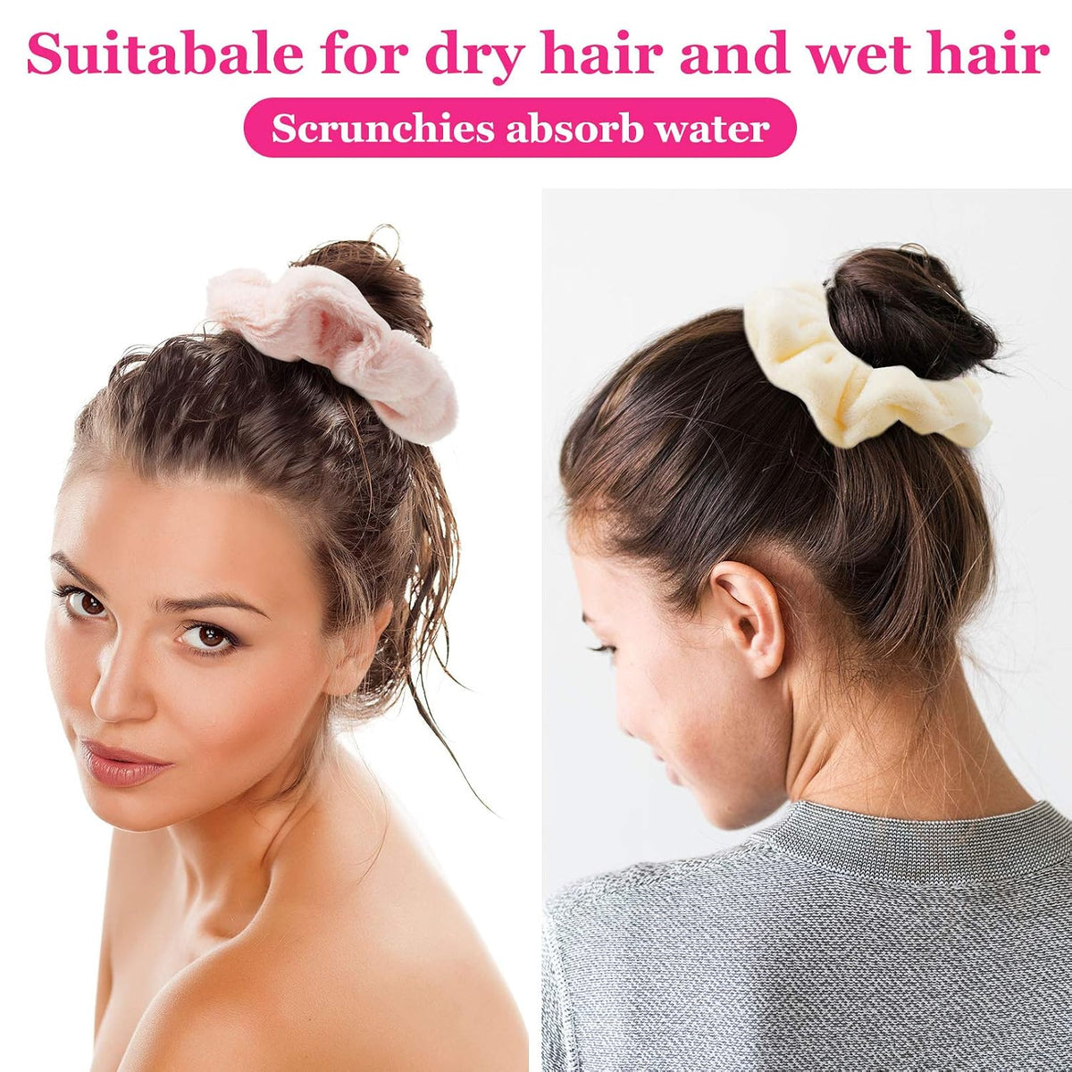 8 Pieces Towel Fluffy Scrunchies Soft Thick Fuzzy Scrunchy Ponytail Holder Hair Ties for Wet and Dry Hair