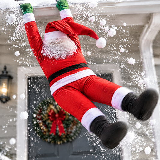Hanging Santa swinging from the gutter