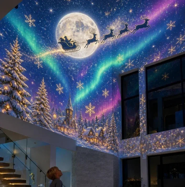 Santa sleigh and moon projected on a wall