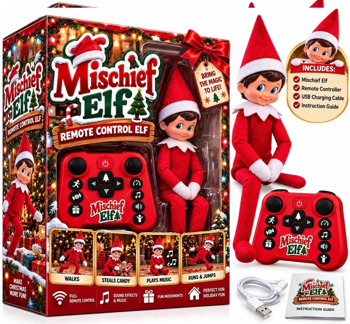 Mischief Elf with remote, USB cable and guide